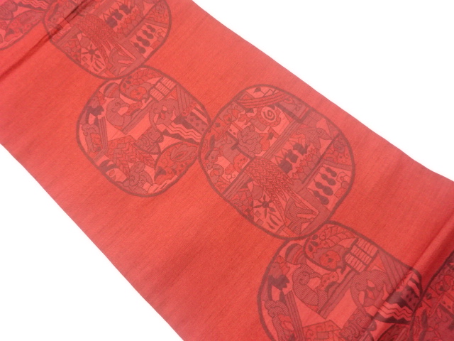 草花に抽象模様織出し洒落袋帯